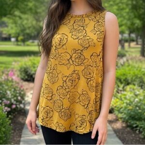 Sun & Shadow Mustard Chartreuse Roses High Neck Open Sides T Back Swing Shirt
